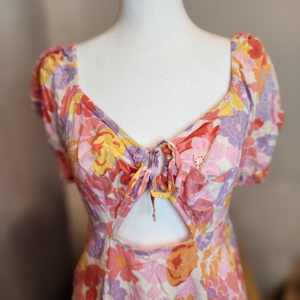 SO Womans Large Spring Floral V Neck Keyhole Aline Mini Dress Tropical Sherbert - Picture 5 of 6